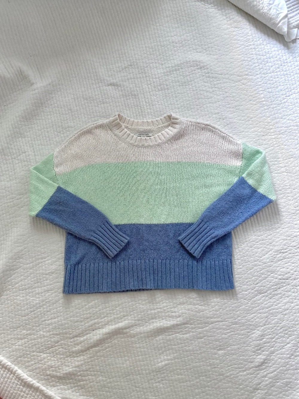 white mint green and periwinkle blue striped sweater